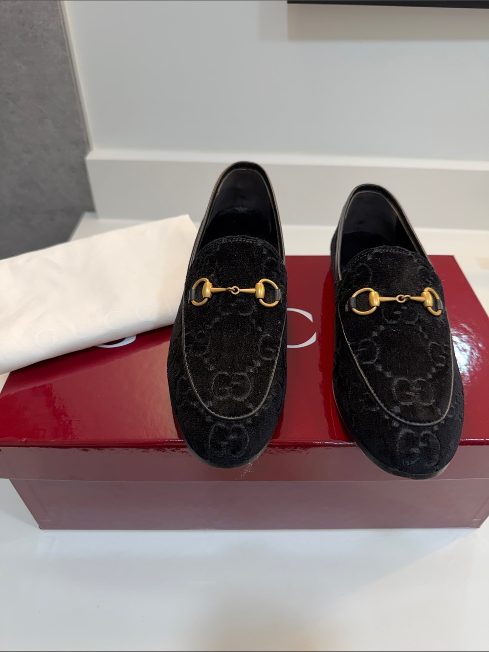 Gucci Black Velvet Horsebit Loafers with Embossed GG